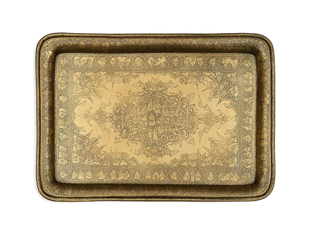 Lot 184: A FINE BRASS PERSIAN TRAY DEPICTING SHAH ABBAS'S COURT, ZAND OR EARLY QAJAR, 19TH CENTURY