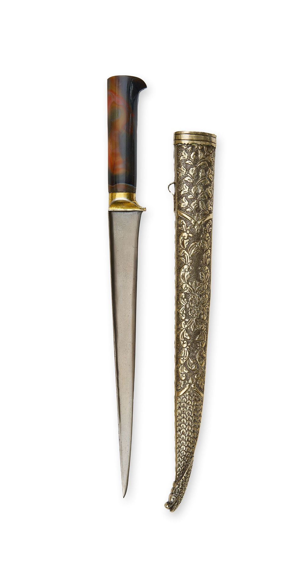 Lot 190: AN OTTOMAN AGATE HILT DAGGER WITH WATERED STEEL BLADE AND SILVER SCABBARD, 19TH CENTURY