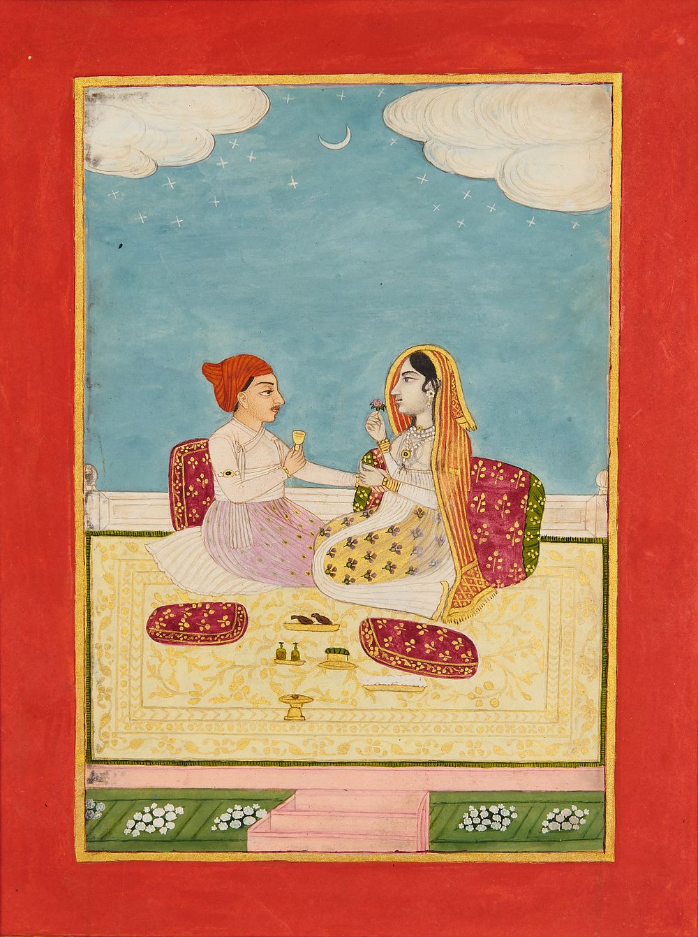 Lot 130: AN INDIAN MINIATURE PAINTING DEPICTING A ROMANTIC SCENE, LATE MUGHAL, 18TH - 19TH CENTURY