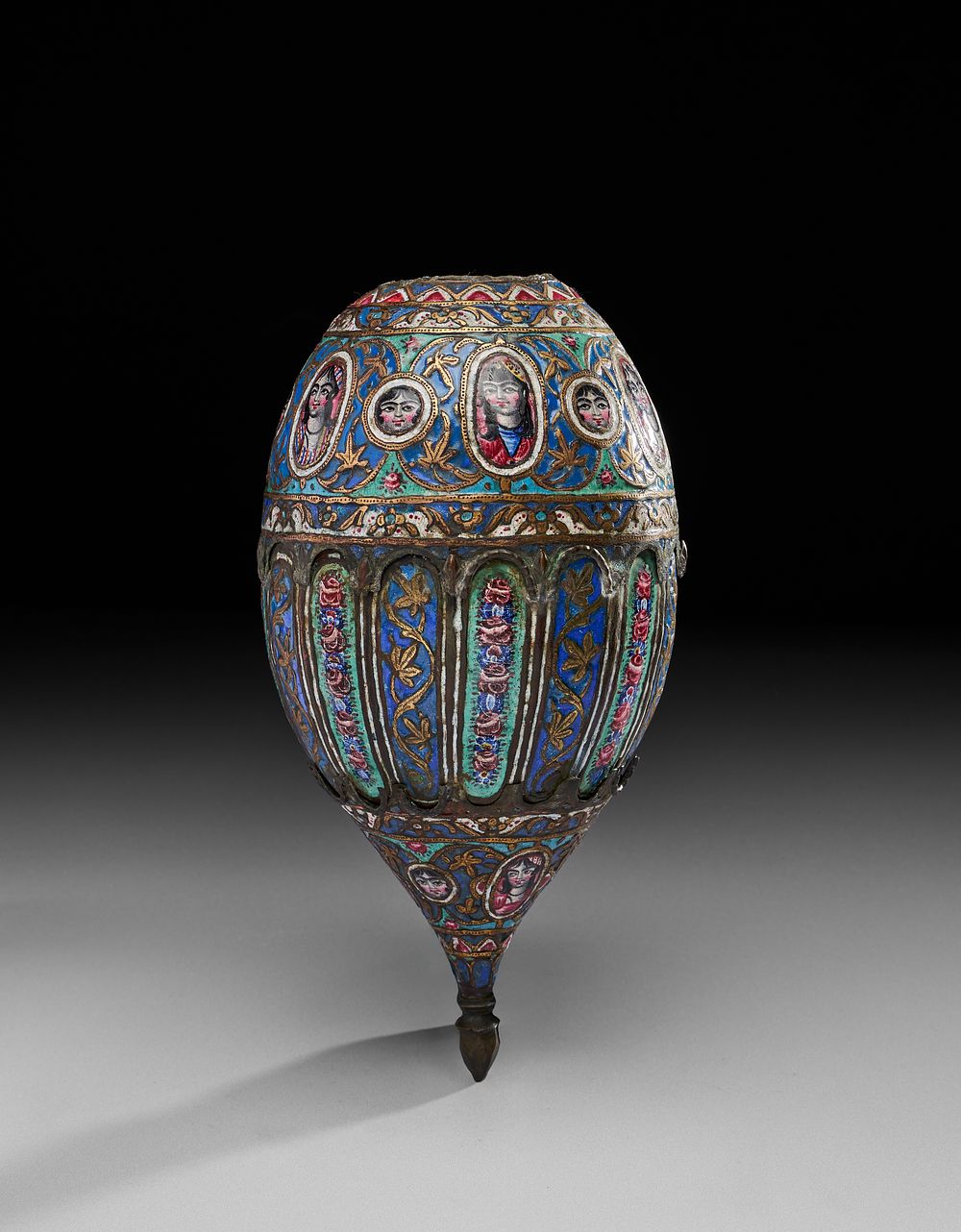Lot 200: A FINE QAJAR ENAMELLED HUQQA BASE, 19TH CENTURY