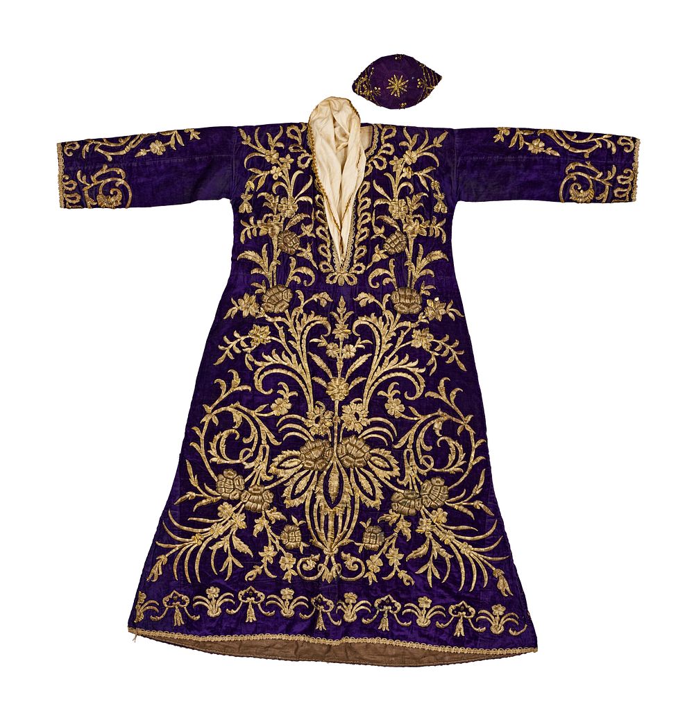 Lot 256: AN OTTOMAN BLUE EMBROIDERED VELVET WEDDING DRESS AND HAT, TURKEY, 19TH CENTURY