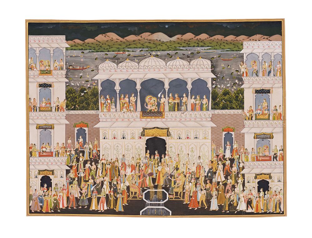 Lot 173: A LARGE INDIAN MINIATURE PAINTING / ROYAL PALATIAL SCENE, 19TH - EARLY 20TH CENTURY