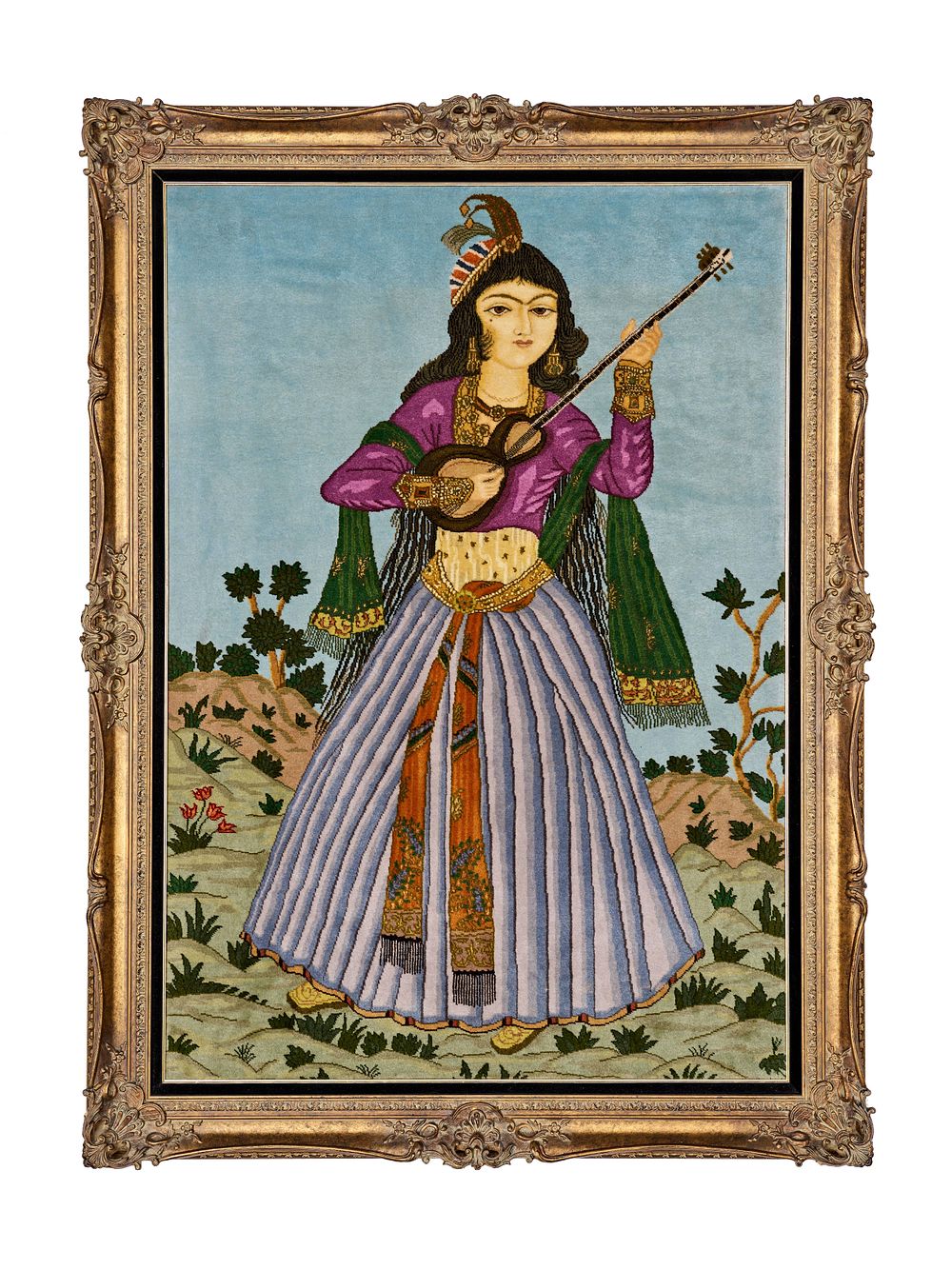 Lot 270: A FRAMED PICTORIAL TABRIZ WOOL RUG, 20TH CENTURY