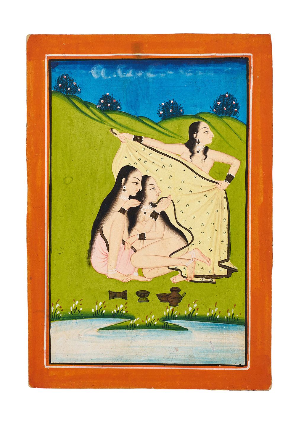 Lot 172: AN INDIAN PAHARI SCHOOL MINIATURE PAINTING DEPICTS THREE BATHING LADIES, 19TH CENTURY