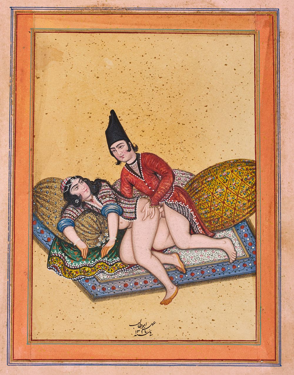 Lot 197: AN EROTIC PERSIAN PAGE/PAINTING SIGNED ABOTALEB AND DATED 1324 HIJRI