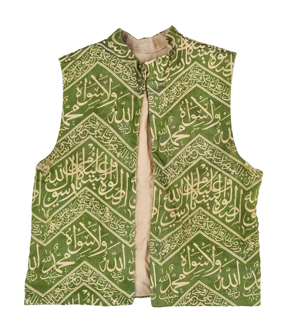 Lot 251: A GREEN CALLIGRAPHIC TALISMANIC CHILD WAISTCOAT, OTTOMAN TURKEY
