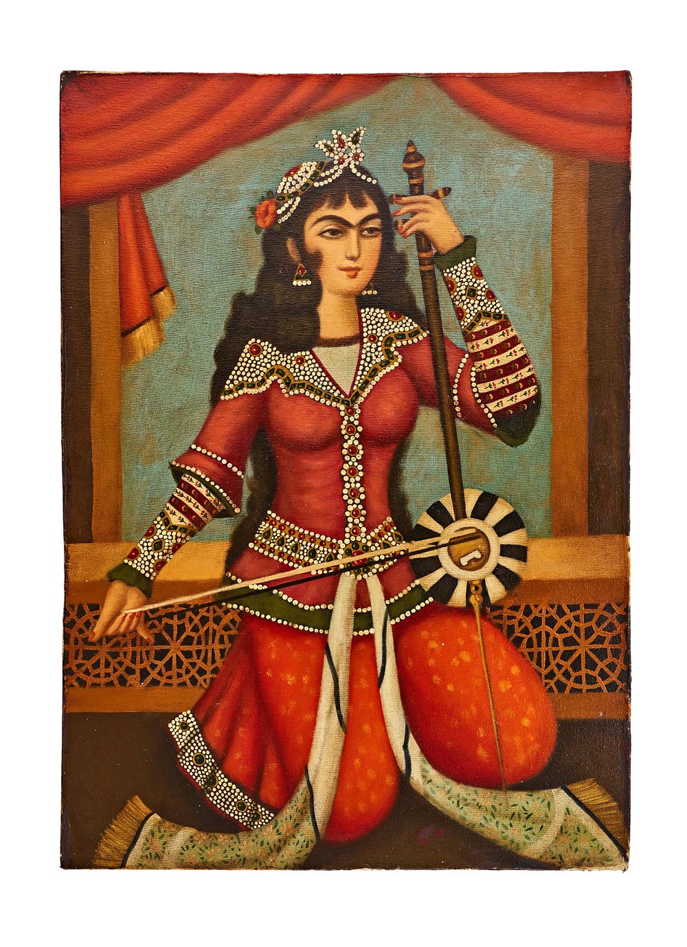 Lot 195: AN OIL ON CANVAS PERSIAN PAINTING DEPICTS A QAJAR LADY PLAYING A MUSICAL INSTRUMENT