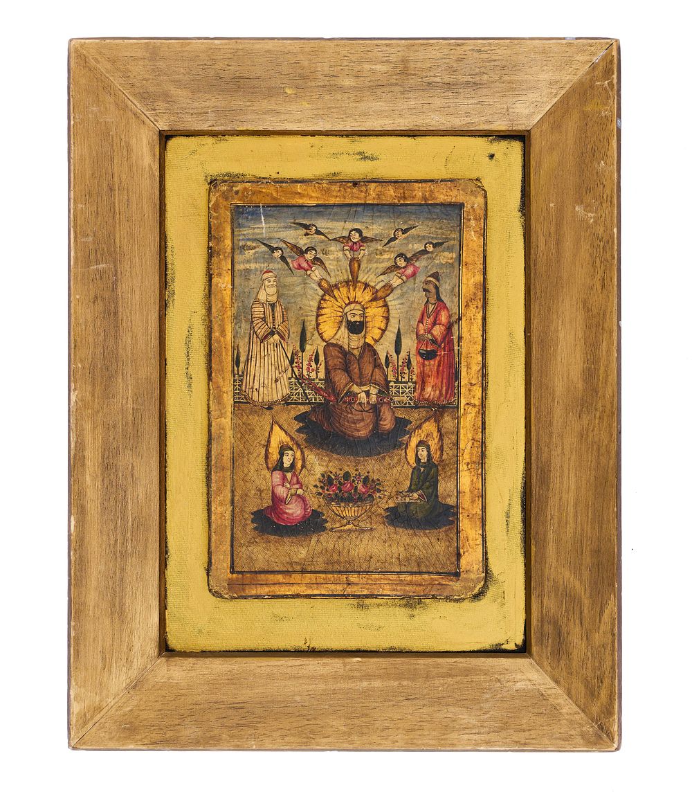 Lot 155: A QAJAR LACQUERED PAINTED ICON PANEL DEPICTS IMAM ALI, PERSIA, 19TH CENTURY