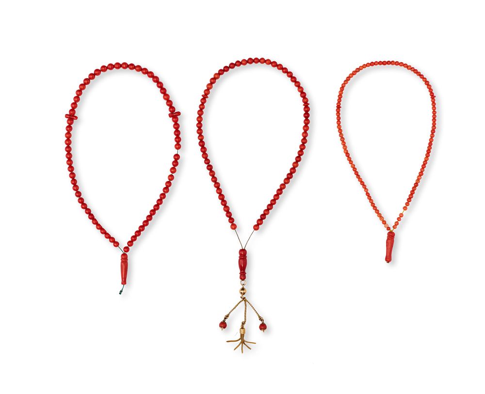Lot 180: THREE CORAL ROSARY/PRAYER BEADS, 19TH CENTURY