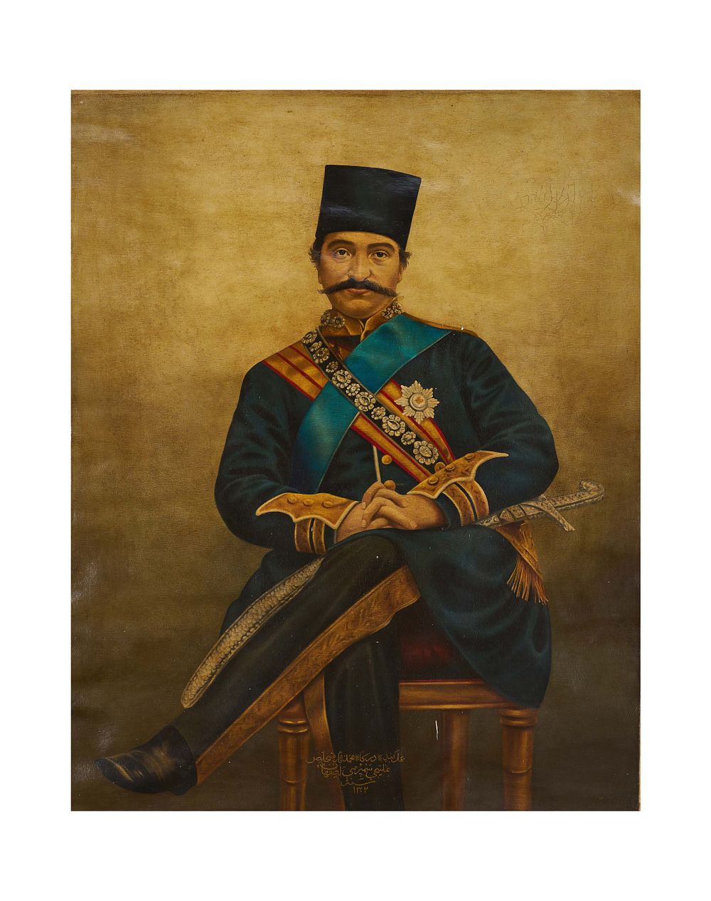 Lot 193: AN OIL ON CANVAS PAINTING DEPICTS NASER ALDIN SHAH QAJAR SIGNED BANDEH SARAH MOHAMMED BAGHER SEMIROMI, DATED 1302 HIJRI