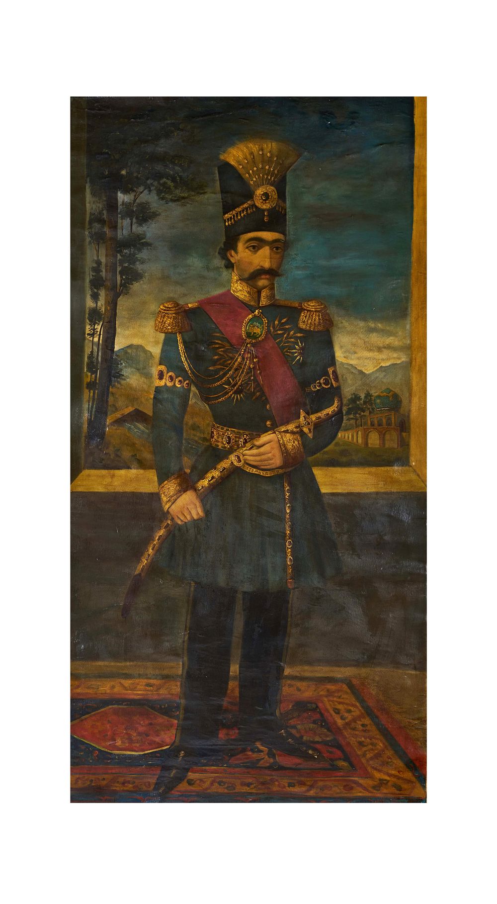 Lot 194: A MONUMENTAL OIL ON CANVAS PORTRAIT OF NASER ALDIN SHAH QAJAR