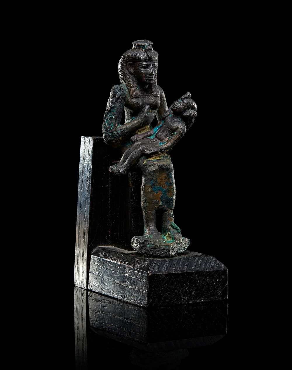 Lot 235: ANCIENT EGYPTIAN BRONZE ISIS AND HORUS STATUE, LATE DYNASTIC TO PTOLEMAIC PERIOD, 664-30 B.C.