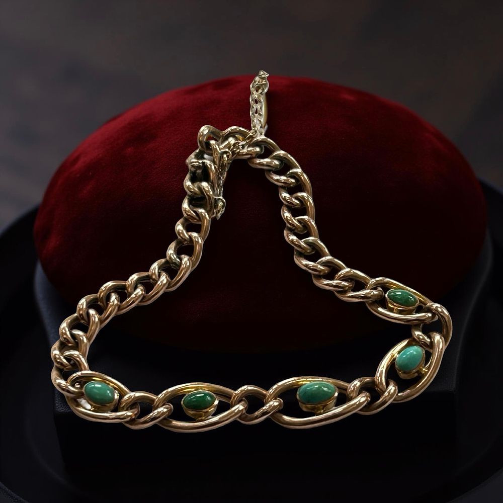 Lot 346: 9ct Gold fancy link bracelet set with seed pearl and turquoise