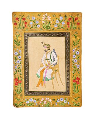 AN INDIAN MINIATURE PAINTING DEPICTS A SHAH, MUGHAL STYLE, 20TH CENTURY. A finely painted Indian 
