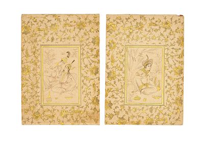 TWO ILLUMINATED SAFAVID STYLE MINIATURE PAINTINGS, PERSIA, 19TH CENTURY . A fine pair of Persian 