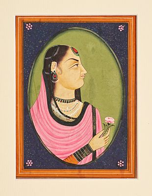 A MINIATURE INDIAN PAINTING OF A NOBLE WOMAN, 19TH CENTURY. A finely painted Indian miniature 