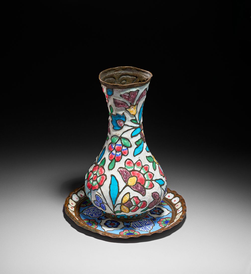 Lot 172: AN ENAMELLED COPPER VASE AND DISH, DAMASCUS, 19TH CENTURY