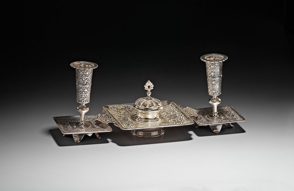 Lot 201: A FRENCH WHITE METAL DESK SET MADE FOR THE ISLAMIC MARKET, 19TH CENTURY