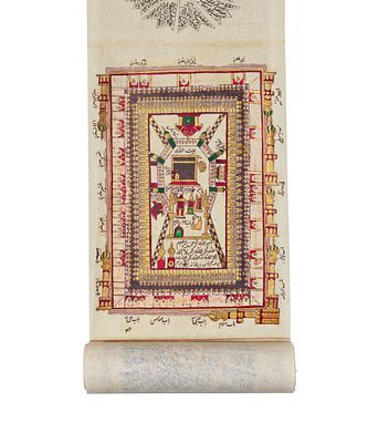 AN ILLUMINATED AND ILLUSTRATED ISLAMIC HOLY SHRINES MAQAMAT MUQADDASA SCROLL, 20TH CENTURY. This 