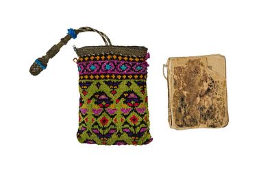 A THUMB SIZE ISLAMIC PRAYER BOOK IN ORIGINAL WOVEN PURSE, 19TH CENTURY 
4 x 3cm