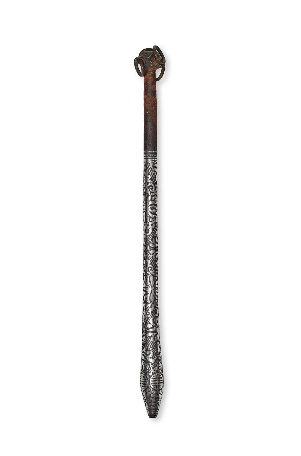 Lot 228: A SILVER INLAID BRONZE MACE, TIBETAN OR KOREAN, 19TH CENTURY