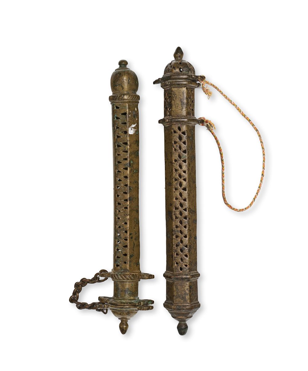 Lot 229: TWO JALI CUT BRASS LETTERS/SCROLL HOLDER, ASIA, 19TH - 20TH CENTURY