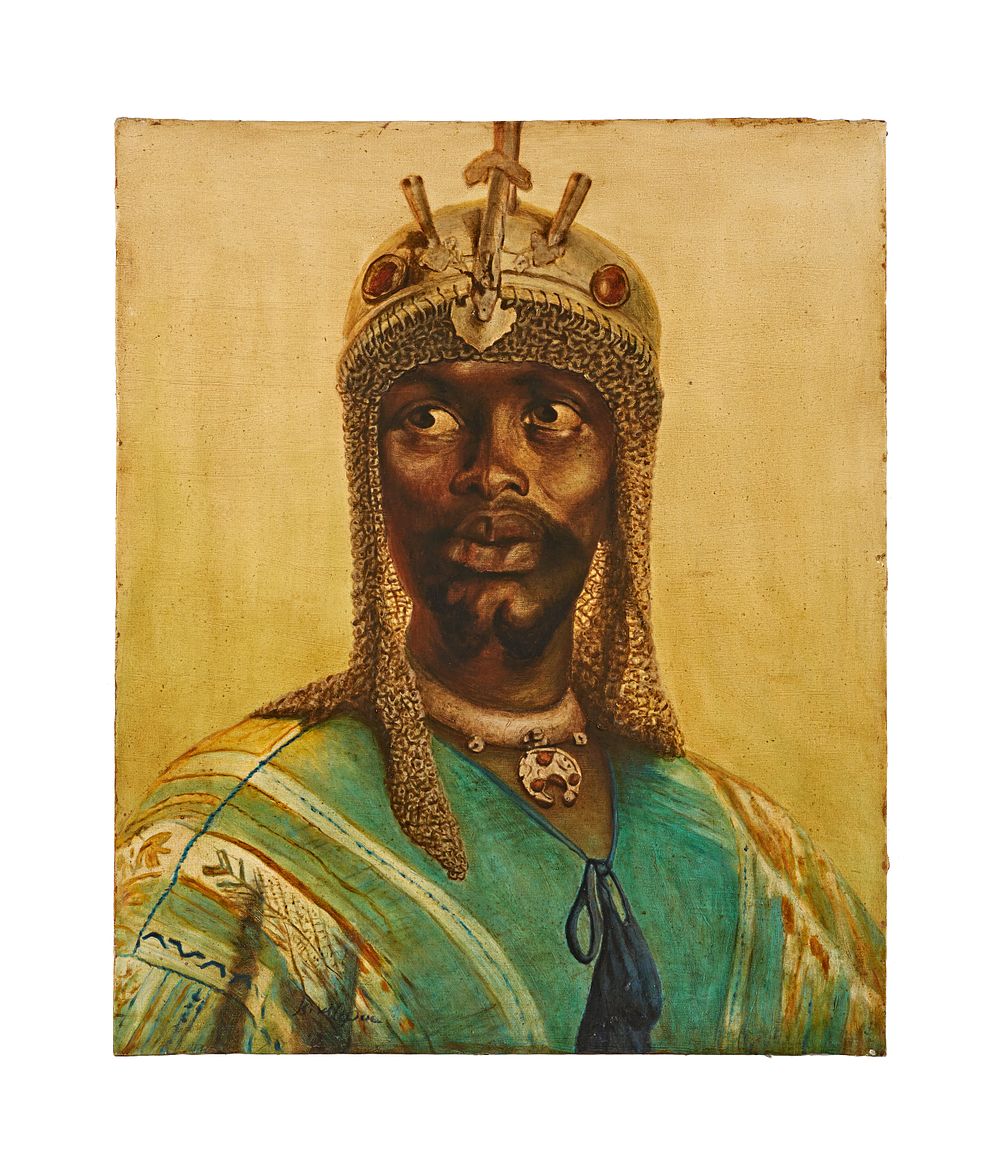 Lot 230: OIL ON CANVAS PAINTING DEPICTS A NORTH AFRICAN WARRIOR, LATE 19TH CENTURY