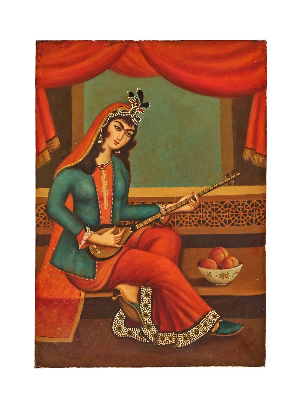 Lot 233: AN OIL ON CANVAS PERSIAN PAINTING DEPICTS A QAJAR LADY PLAYING A MUSICAL INSTRUMENT