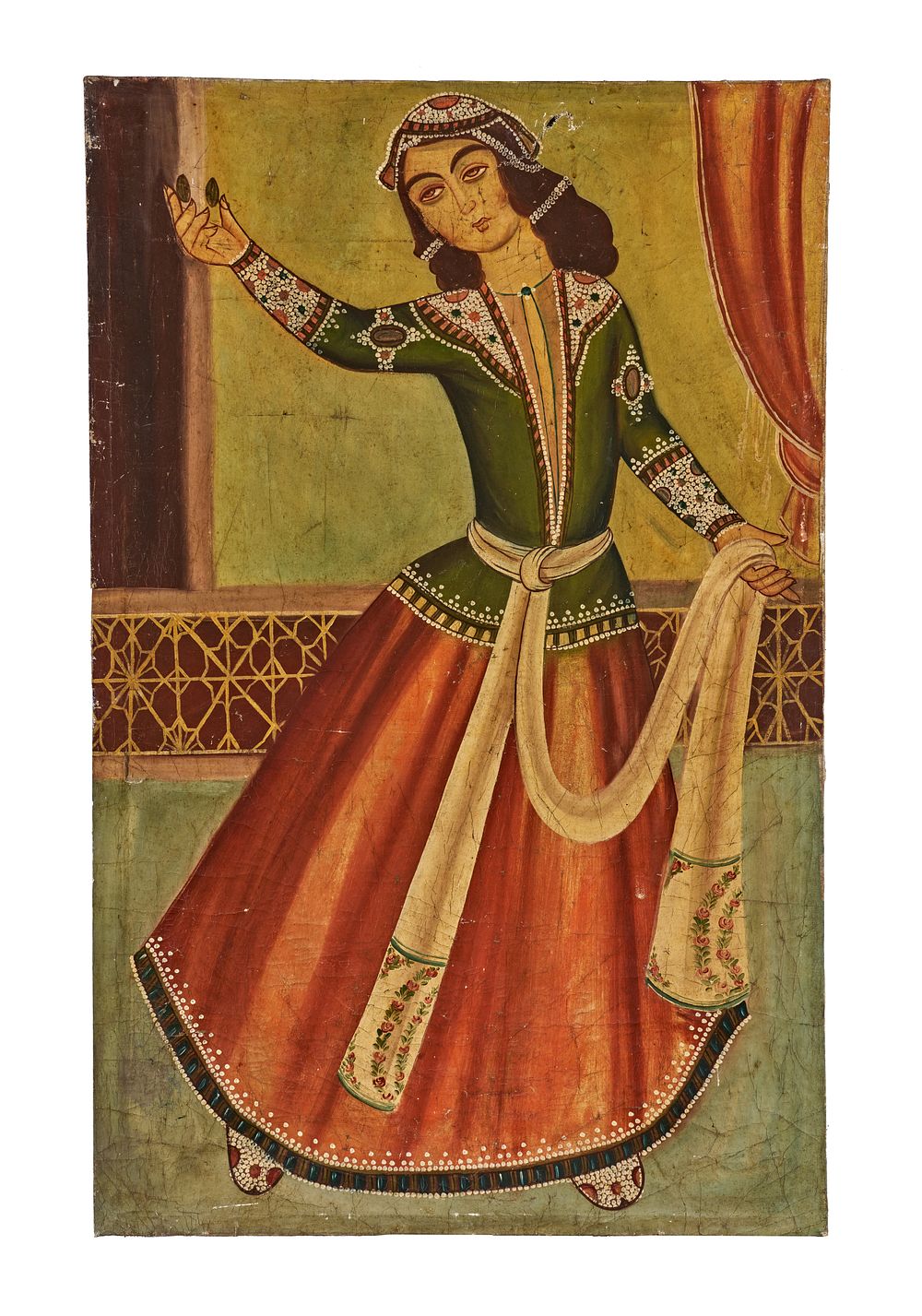 Lot 234: AN OIL ON CANVAS PERSIAN PAINTING DEPICTS A QAJAR DANCING LADY
