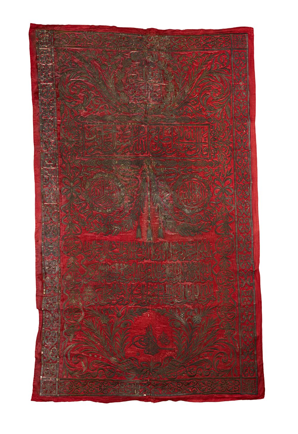 Lot 313: A LARGE RED SILVER METAL THREAD EMBROIDERY KISWA TEXTILE, OTTOMAN, TURKEY 19TH/20TH CENTURY