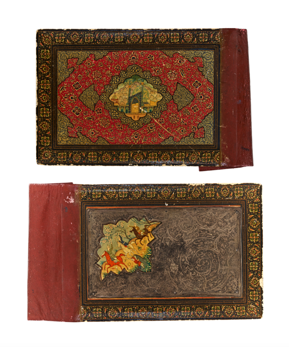 Lot 251: A QAJAR HAND PAINTED PAPIER MACHE LACQUER ALBUM COVERS, PERSIA, 19TH CENTURY