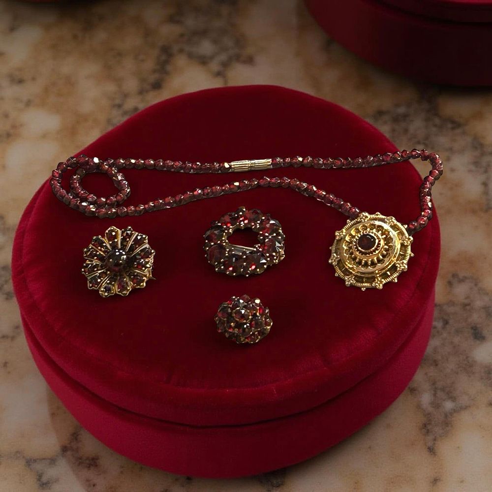 Lot 355: 4 Silver Gilt Bohemian Garnet Brooches