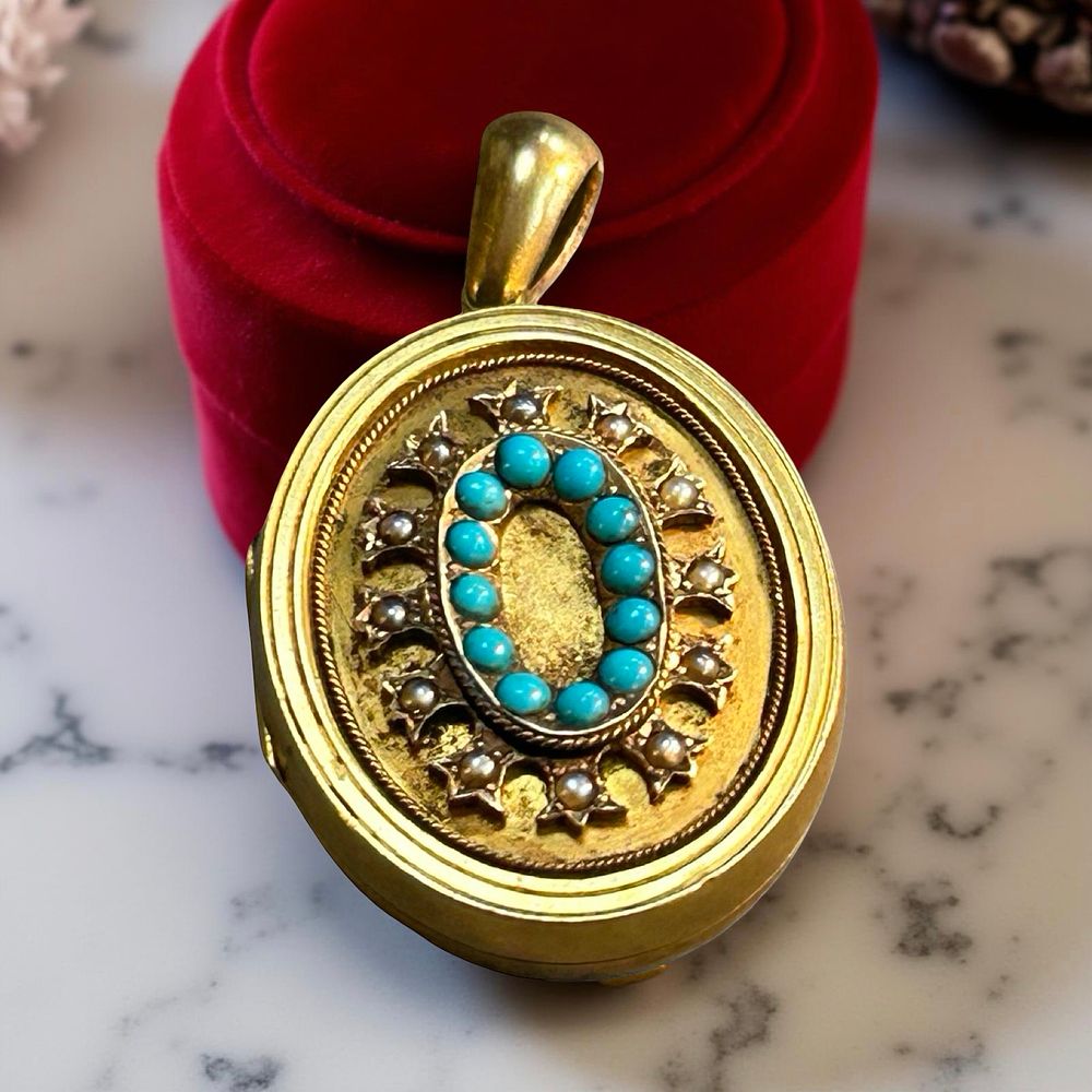 Lot 379: Yellow metal (testing as 15 ct) gold seed pearl and turquoise locket