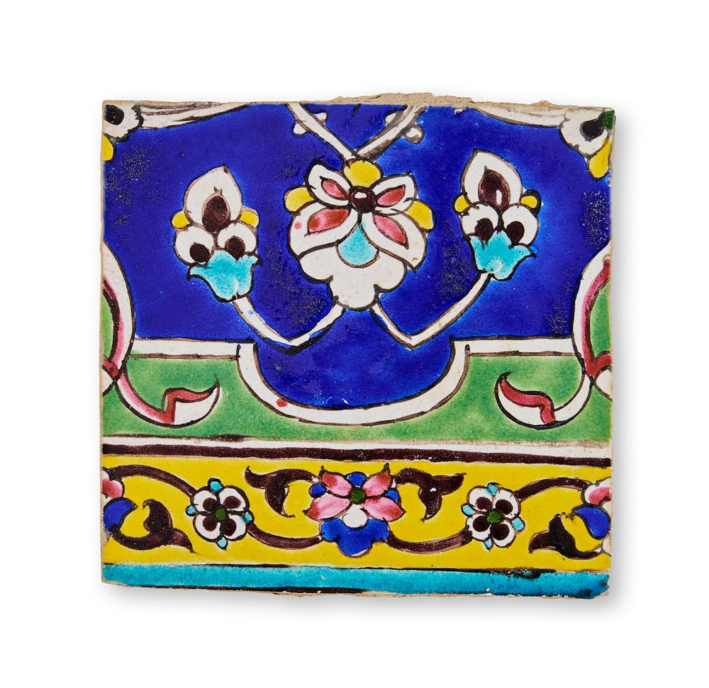 Lot 297: A QAJAR CUERDA SECA POTTERY TILE, IRAN, 19TH CENTURY