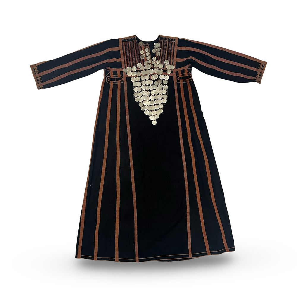 Lot 69: A TRADITIONAL PALESTINIAN OR SYRIAN THOBE/DRESS WITH OTTOMAN COIN DECORATION, EARLY 20TH CENTURY