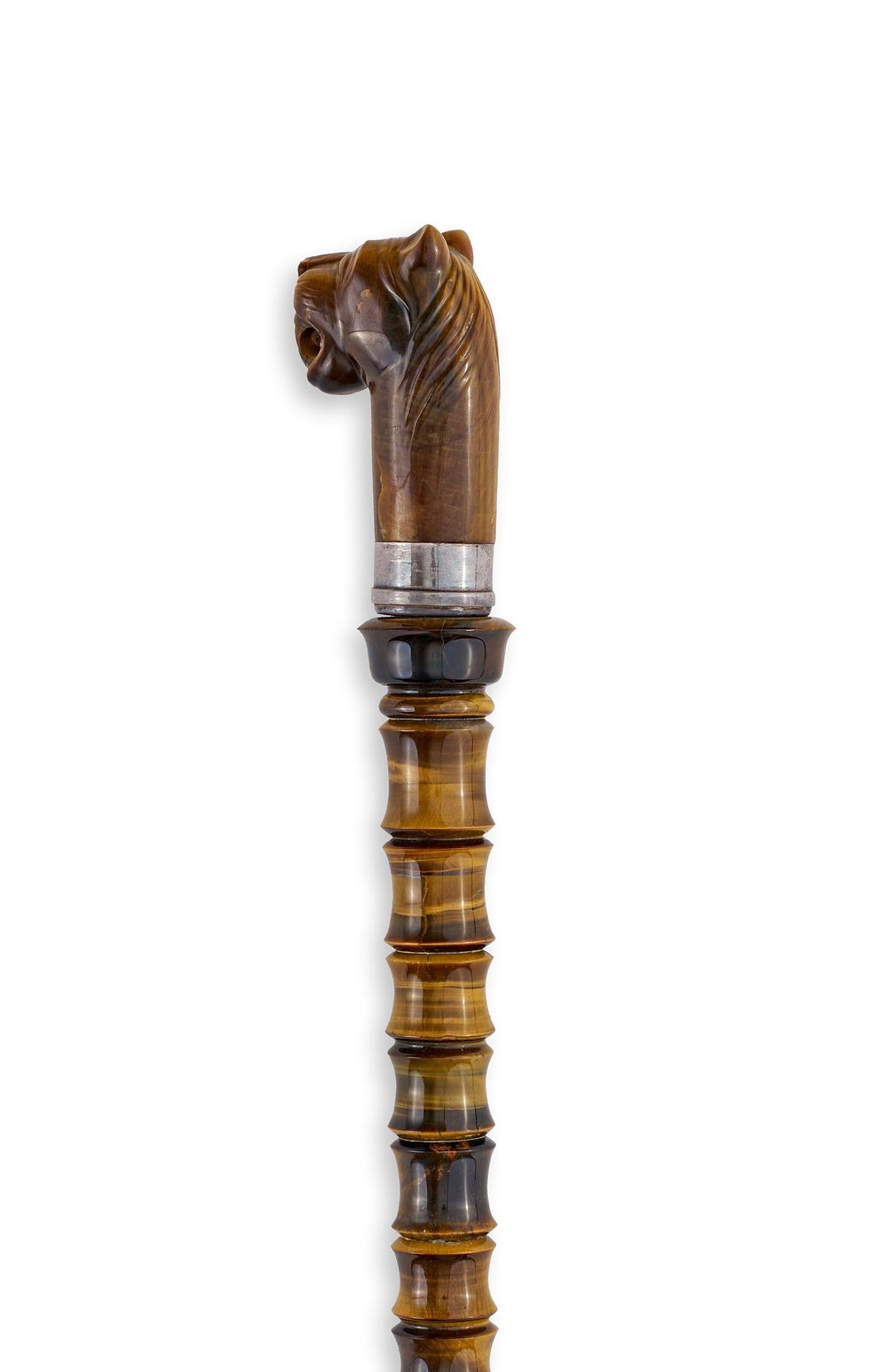 Lot 118: A TIGER'S EYE AND SILVER-TONED METAL WALKING STICK WITH CARVED FELINE HANDLE, INDIA, 20TH CENTURY