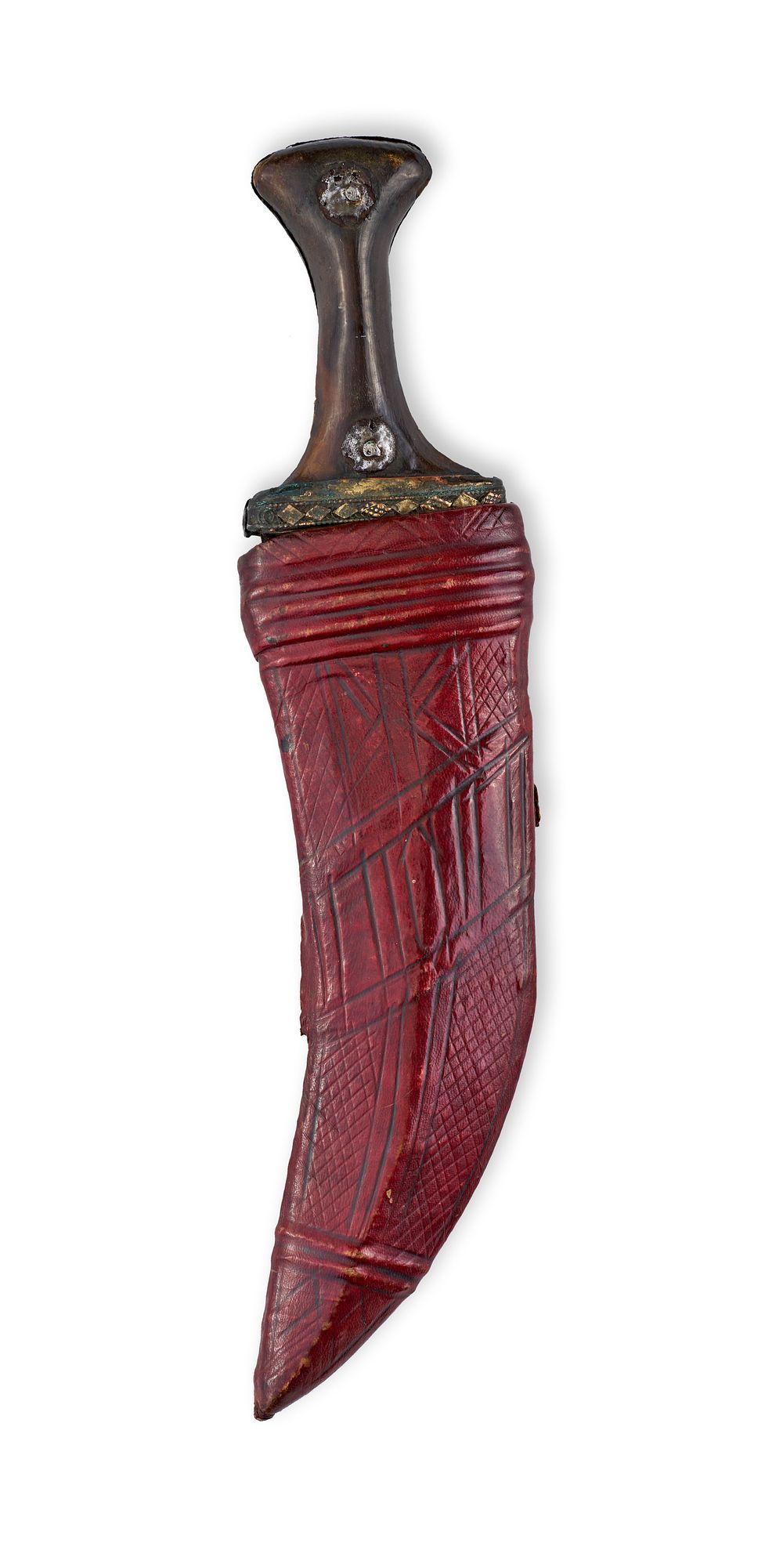 Lot 125: A YEMENI JAMBIYA DAGGER WITH LEATHER SCABBARD, 19TH - 20TH CENTURY