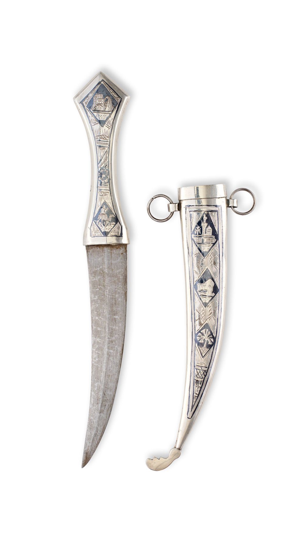 Lot 128: AN IRAQI SILVER AND NIELLO JAMBIYA DAGGER, 20TH CENTURY