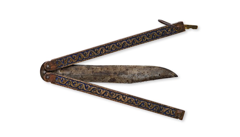 Lot 131: AN ANTIQUE KASHMIR ENAMELED AND GILT-METAL BUTTERFLY KNIFE, 19TH CENTURY