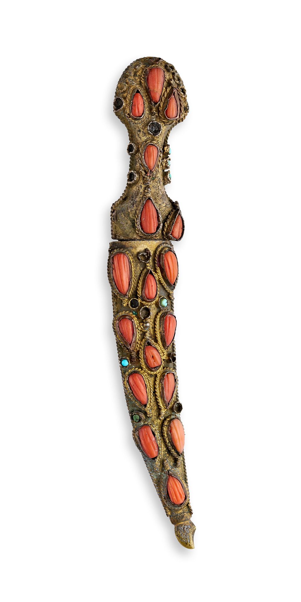 Lot 107: AN OTTOMAN TURQUOISE AND CORAL-INLAID GOLD DAMASCENED STEEL DAGGER (JAMBIYYA), 19TH CENTURY