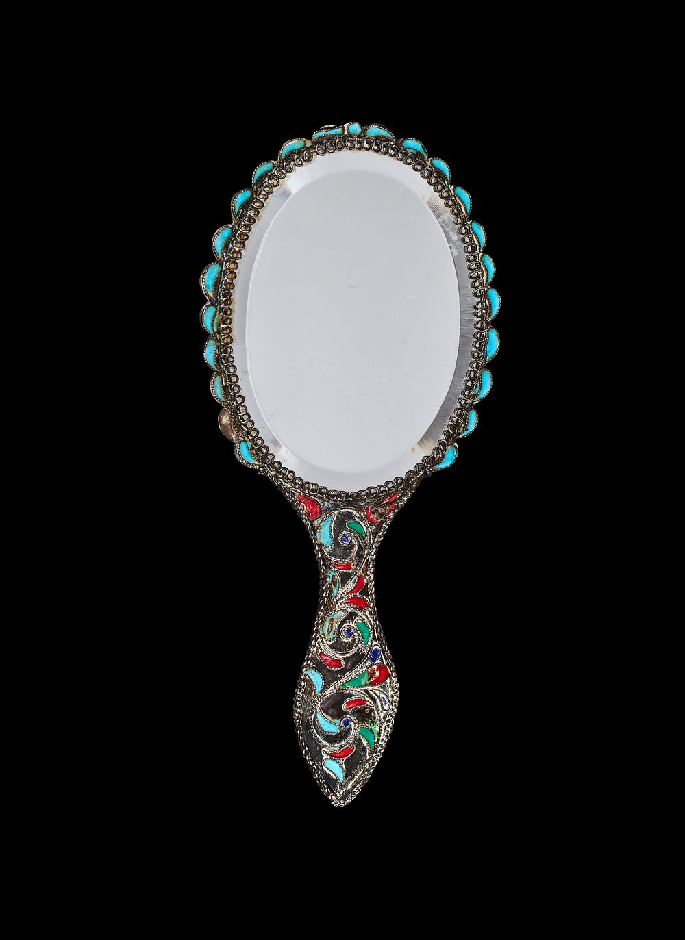 Lot 216: A PROBABLY ARMENIAN SILVER AND FILIGREE JEWELED HAND MIRROR, 19TH CENTURY OR LATER