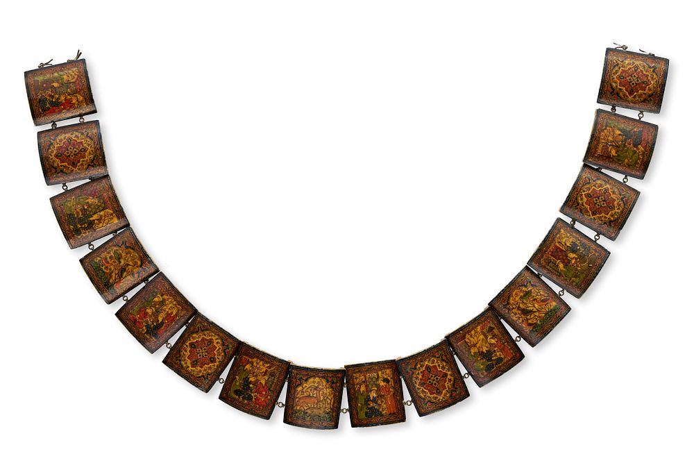 Lot 214: A PERSIAN QAJAR LACQUERED BONE BELT SIGNED IMAMI, 19TH - 20TH CENTURY