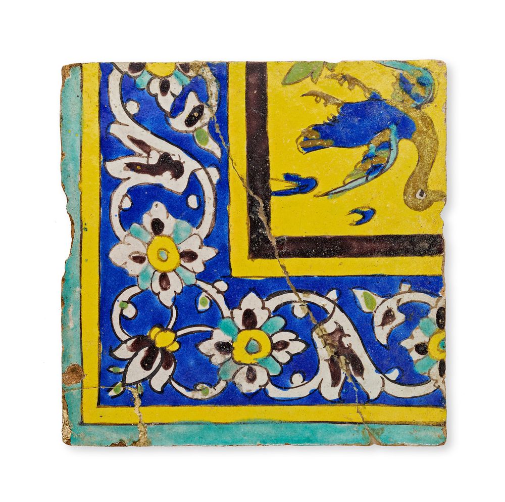 Lot 87: A SAFAVID CUERDA SECA POLYCHROME POTTERY TILE, PERSIA, 17TH CENTURY