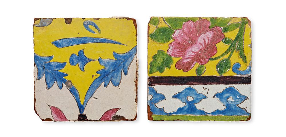 Lot 89: A PAIR OF QAJAR POLYCHROME FLOWER TILES, 19TH CENTURY