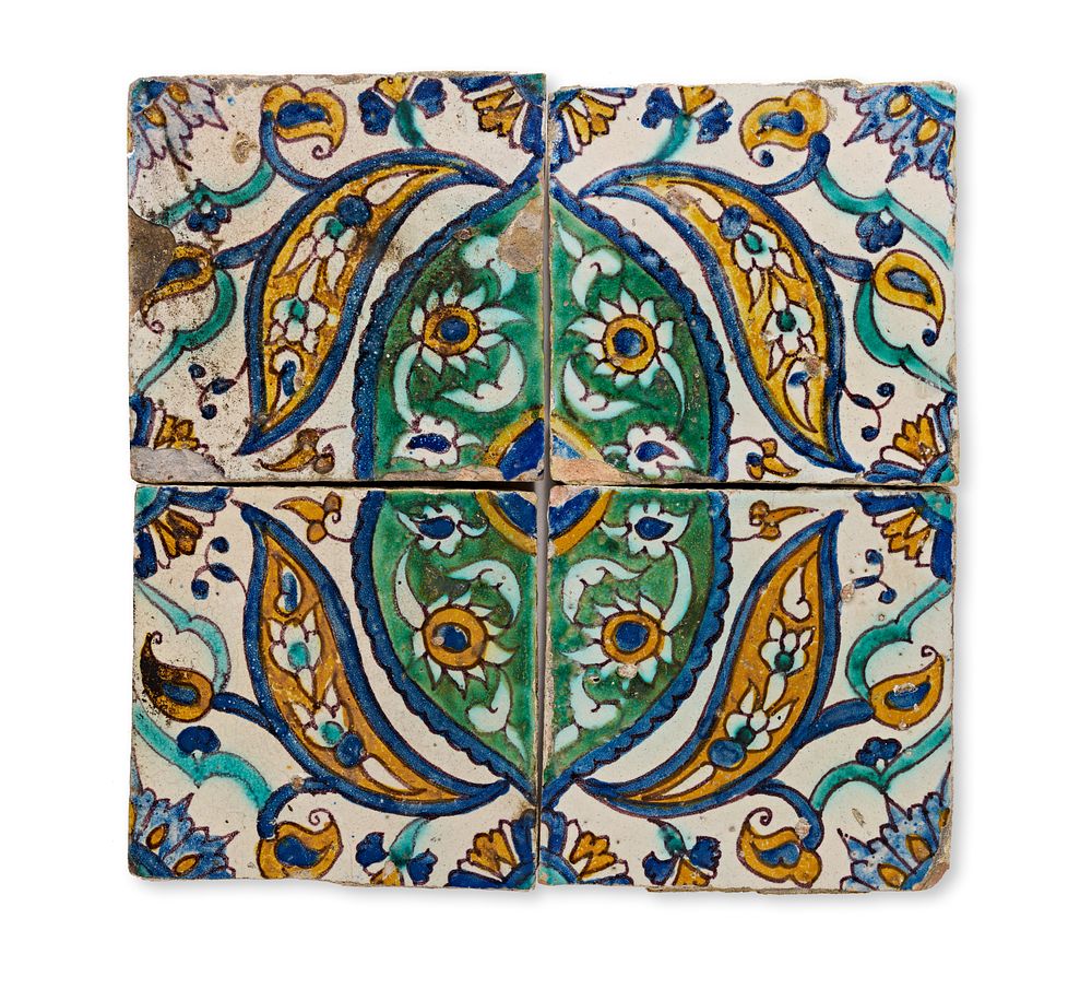 Lot 91: A SET OF CUERDA SECA POLYCHROME GLAZED EARTHENWARE TILES, TUNISIA, 18H CENTURY