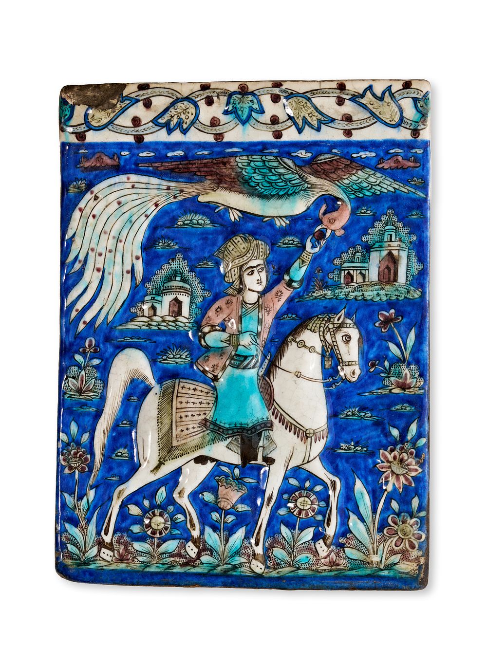 Lot 94: A QAJAR TEHRAN MOLDED POTTERY TILE, PERSIA, 19TH CENTURY