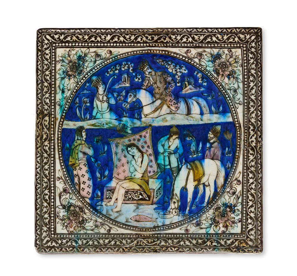 Lot 95: A LARGE QAJAR MOLDED POTTERY TILE DEPICTING KHUSRAU VISITING SHIRIN, PERSIA, 19TH CENTURY
