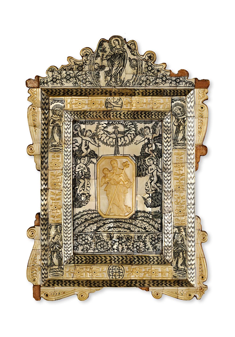 Lot 215: A HOLY LAND CARVED AND ENGRAVED MOTHER-OF-PEARL DEVOTIONAL PLAQUE, JERUSALEM PALESTINE, 19TH CENTURY