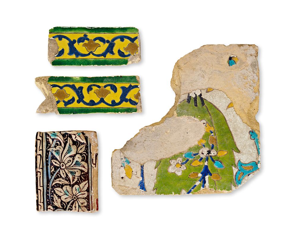 Lot 98: A COLLECTION OF SAFAVID AND MULTAN CUERDA SECA ISLAMIC TILE FRAGMENTS, 17TH CENTURY