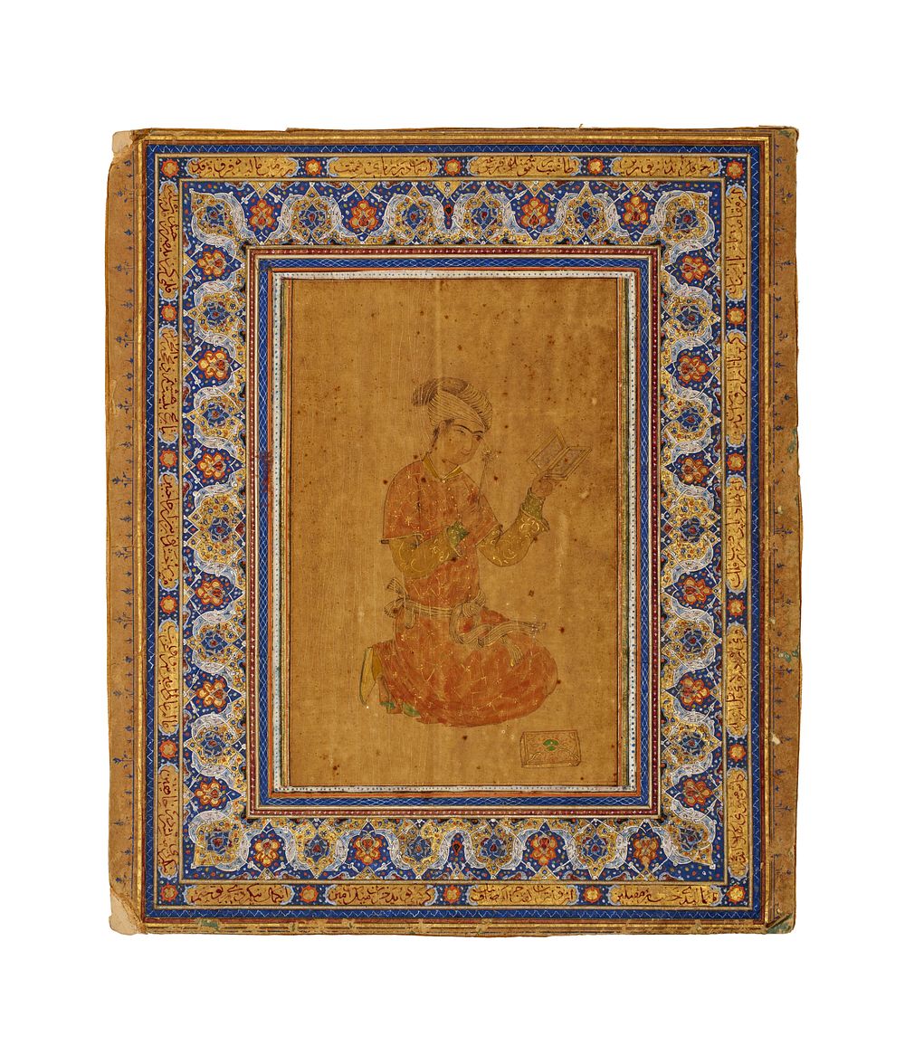 Lot 143: A SAFAVID MINIATURE PORTRAIT OF A SEATED YOUTH IN THE STYLE OF REZA ABBASI, PERSIA, 18TH - 19TH CENTURY